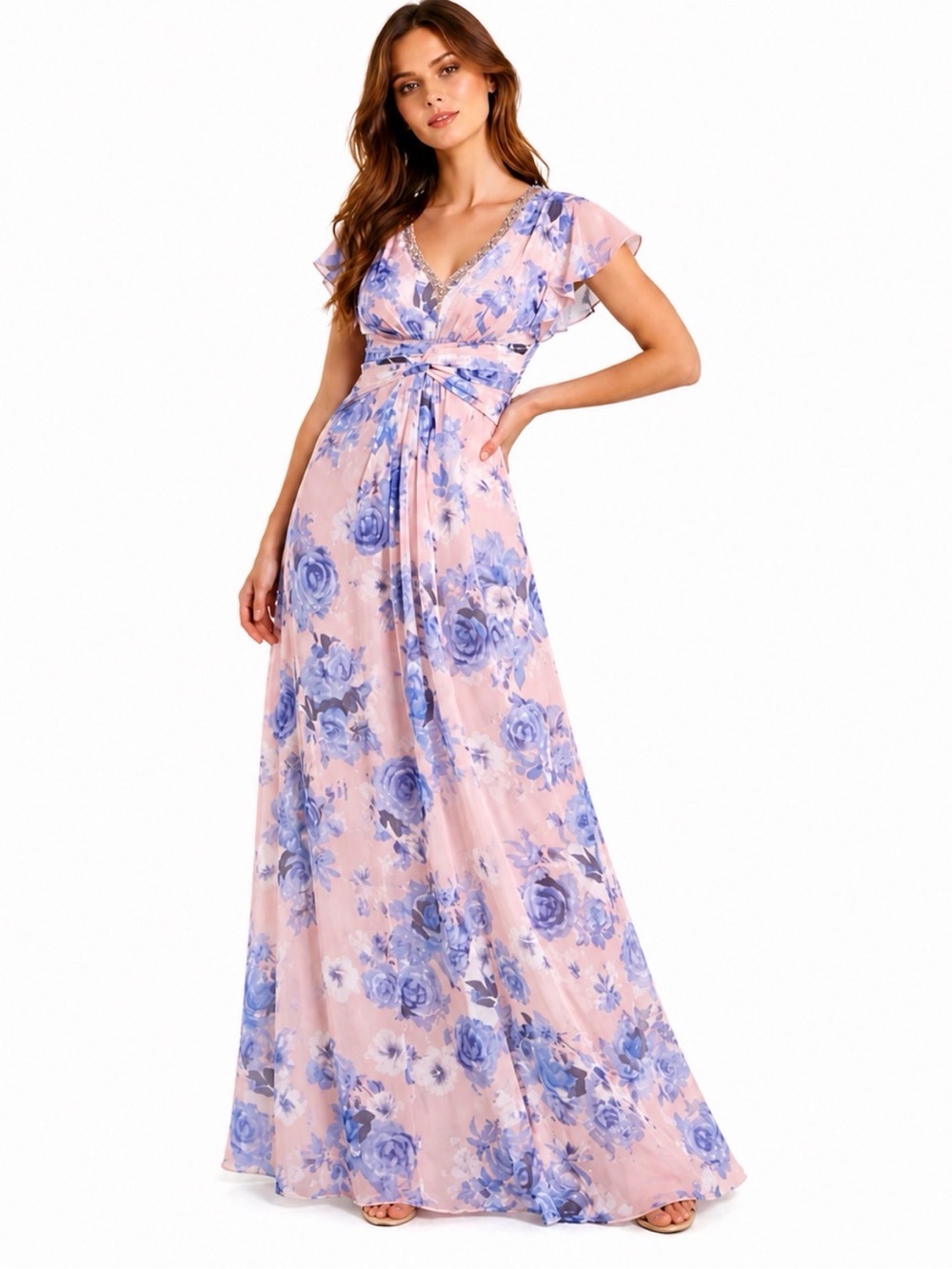 Eliza J. Dress Blue Pink Floral Maxi 4